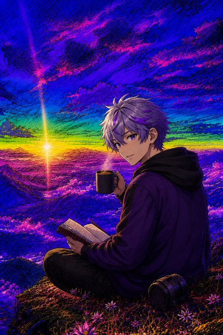 A vibrant anime-style illustration shows a purple-haired boy in a dark hoodie sitting on a cliff, holding a book and a steaming mug, with a colorful rainbow sky and sunset in the background.