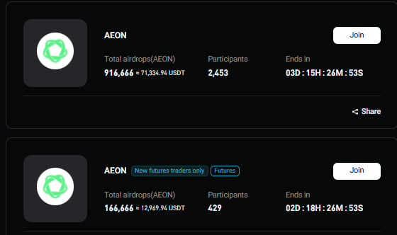 Two AEON airdrop listings are shown, displaying details like total airdrops (916,666 and 166,666 AEON), participants (2,453 and 429), and countdown timers, with the second one marked for "New futures traders only."