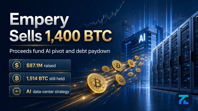A financial graphic reads 'Emperny Sells 1,400 BTC' and 'Proceeds fund AI pivot and debt paydown,' showing details like '$87.1M raised' and '1,514 BTC still held' alongside a Bitcoin and data center image.