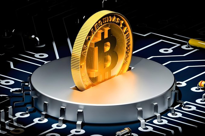 A golden Bitcoin coin standing on a metallic disc against a circuit board background, representing cryptocurrency.