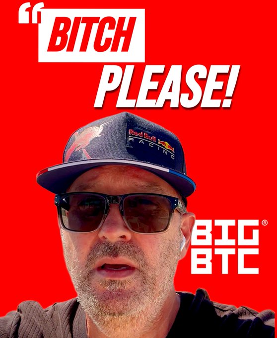 A man wearing sunglasses and a Red Bull Racing cap against a red background, with the text 'BITCH PLEASE!' and the 'BIG BTC' logo.