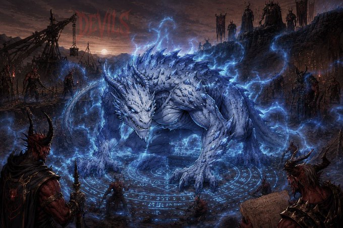 The image features a large dragon with blue scales and horns, surrounded by a group of people dressed in red and white clothing who appear to be fighting against the dragon. The scene takes place under a dark sky, which adds to the intensity of the battle. The text "G’day Commanders Behold... From the scorched veils between worlds, the Dragon have awakened" suggests that this is an important event or moment in the story.