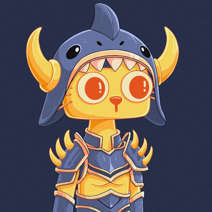 A cartoon illustration of an orange cat character wearing blue shark-themed samurai armor with golden horns and spikes.