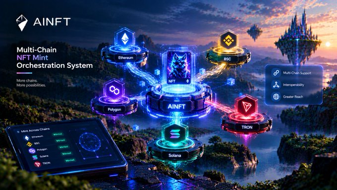 An AINFT promotional graphic for a "Multi-Chain NFT Mint Orchestration System" displaying interconnected nodes for Ethereum, BSC, Polygon, AINFT, TRON, and Solana blockchains, with a "Mint Across Chains" interface shown.