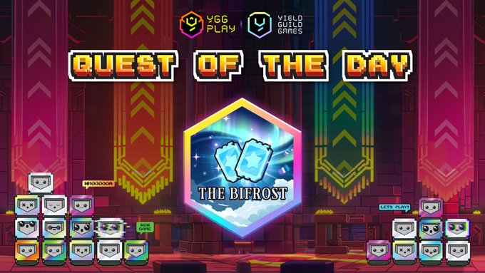 The image features a poster for a video game called "Quest of the Day" that was released today. The poster includes a large hexagon with two blue diamonds, surrounded by smaller hexagons containing various characters from the game. The text on the poster reads "Quest of the day powered by @YGG_Play Today: Enroll in the quest on the Ygg Play Launchpad: app.yggplay.fun/quests/the-bifrost Objective #1: Enroll in the quest on the Ygg Play Launchpad: app.yggplay.fun/quests/the-bifrost Objective #2: Enroll in the quest on the Ygg Play Launchpad: app.yggplay.fun/quests/the-bifrost". The poster also includes a link to the game's website and a description of the objective for completing the quests.