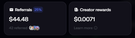 Two dashboard widgets showing 'Referrals' earnings of $44.48 (25%) and 'Creator rewards' of $0.0071.