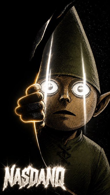 A dark, stylized illustration features a pointed-hooded character with glowing white eyes next to the bold text 'NASDANQ'.