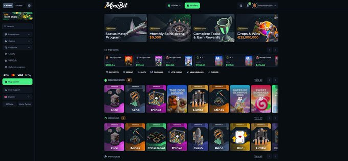 The image displays the homepage of MineBit, a crypto casino and sportsbook featuring sections like "Status Match Program," "Monthly Sports Arena $5,000," "Complete Tasks & Earn Rewards," and "Drops & Wins €250,000,000," alongside various game categories including Dice, Plinko, Limbo, Mines, Crash, and Keno from providers like Pragmatic Play and Evolution. The interface showcases a 5,000+ game selection with a prominent 20% House Profit Share promotion banner, directly supporting the post's claim about MineBit's profit-sharing model and diverse gaming offerings.