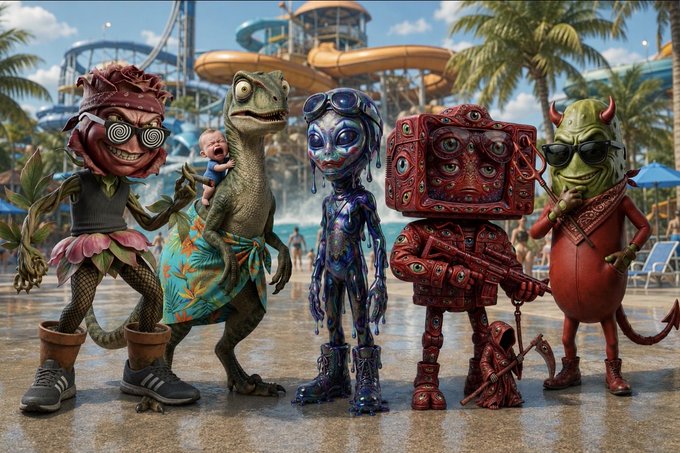 A surreal digital illustration shows a group of bizarre, monstrous characters—including a rose-headed figure, a lizard, an alien-like blue creature, a multi-eyed red block robot, and a devilish red character—standing at a water park.