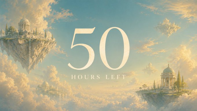 A fantasy landscape featuring floating islands with classical architecture above a sea of clouds, overlaid with the large text '50 HOURS LEFT'.