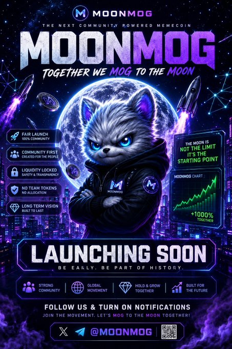 MOONMOG memecoin promotional poster featuring an anime-style wolf character with cyan eyes against a purple cosmic cityscape, advertising 'Fair Launch', 'Community First', 'Liquidity Locked', and '+1000% Together' claims.