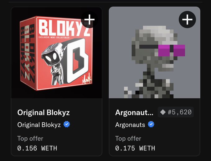 The image shows two NFT collection listings side by side: "Original Blokyz" with a top offer of 0.156 WETH, and "Argonauts" (token #5,620) with a top offer of 0.175 WETH, both fitting within a 0.2 ETH budget as suggested by the accompanying post asking which collection to buy. The listings display pixelated character artwork characteristic of both NFT projects, helping visualize the price comparison for the budget-conscious decision.