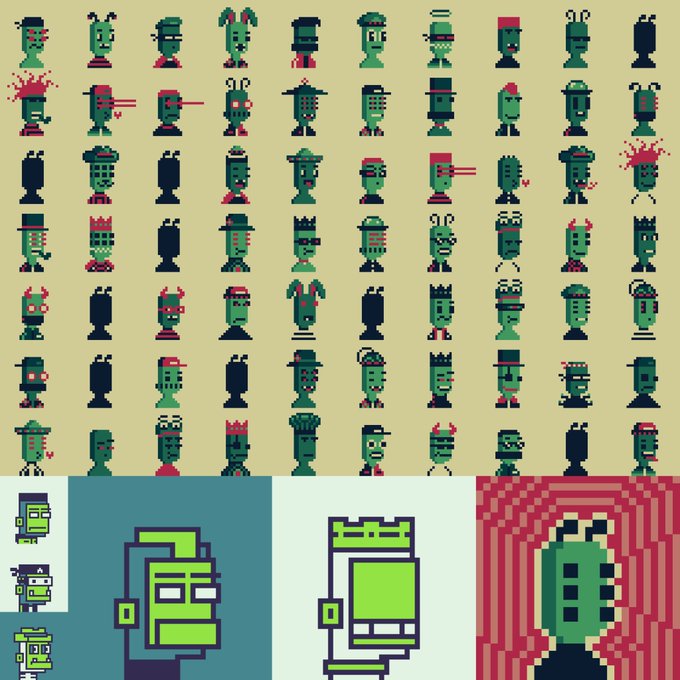 A pixel art collection displays numerous green Frankenstein-style monster characters in various poses arranged in a grid, with larger detailed character illustrations along the bottom.