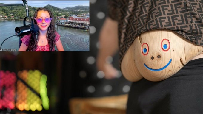 A composite image showing a YouTube video thumbnail of a smiling girl with sunglasses in the top-left corner, and a close-up of a wooden chair back featuring a digitally added blue and red smiley face.