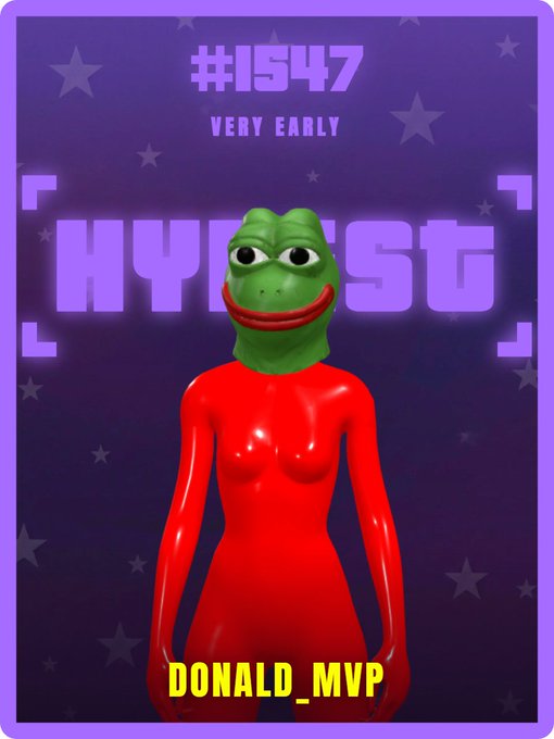 A digital trading card labeled '#1547 VERY EARLY' features a 3D figure of Pepe the Frog on a red humanoid body, with the username 'DONALD_MVP' at the bottom.