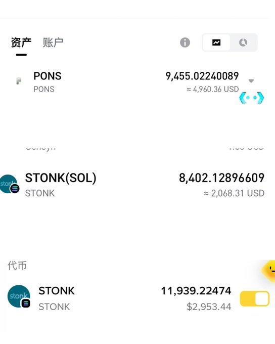 A digital wallet interface showing crypto asset balances, including 9,455 PONS (≈ 4,960.36 USD), 8,402.12 STONK(SOL) (≈ 2,068.31 USD), and 11,939.22 STONK ($2,953.44).