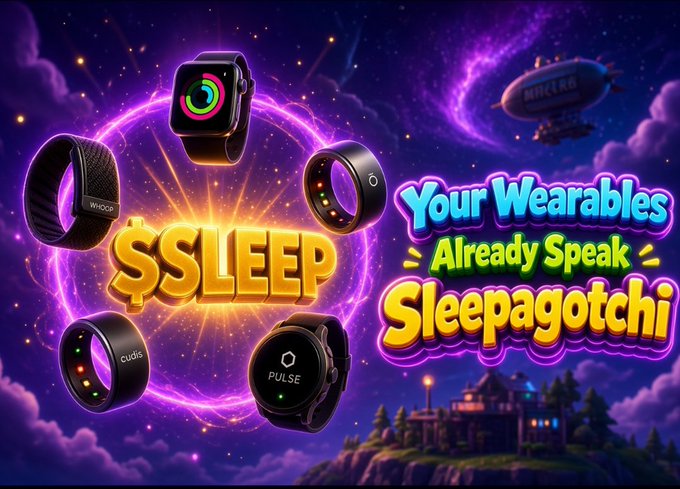 A vibrant neon ad-style graphic promoting '$$SLEEP - Your Wearables Already Speak Sleepagotchi' featuring floating smartwatches and rings against a cosmic purple background with a blimp and castle.