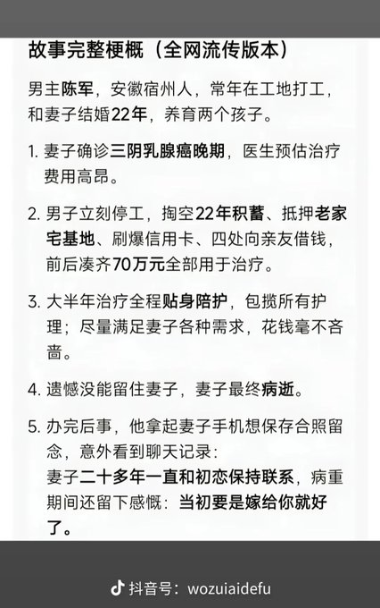 A Chinese-language text post from Douyin (@wozuaidefu) telling the complete story of a husband named Chen Jun from Anhui who loses his wife to late-stage breast cancer and discovers her longtime regret.