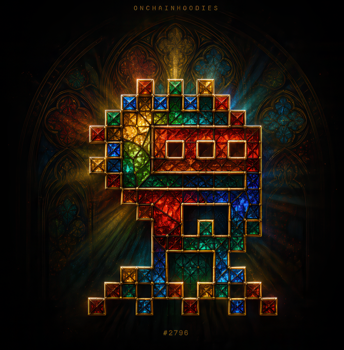 The image showcases NFT artwork #2796 from the OnChainHoodies collection, featuring a pixelated hooded figure rendered in stained-glass-like jewel tones set against a gothic cathedral window backdrop, with rays of light emanating from behind the character. This visually striking piece exemplifies the creative inspiration the OnChainHoodies community fosters, aligning with the post's enthusiasm about engaging NFT art that sparks further creative exploration.