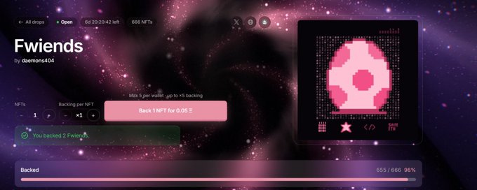 A digital interface for an NFT project called 'Fwiends' by daemonst04, showing a pink circular pixel art design and indicating '655 / 666 98%' backed.