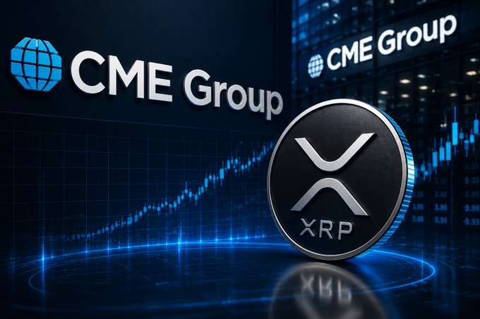 The image features a coin, possibly for Ripple, standing on its side next to two logos - one of which represents CME Group, while the other displays an XRP symbol. The text on the image suggests that there's an event related to Ripple at 4PM CT. The primary focus in this case is to highlight how institutions can trade and hedge against XRP throughout the day without any weekend gap, as demonstrated by the $XRP futures market activity during off- hours.