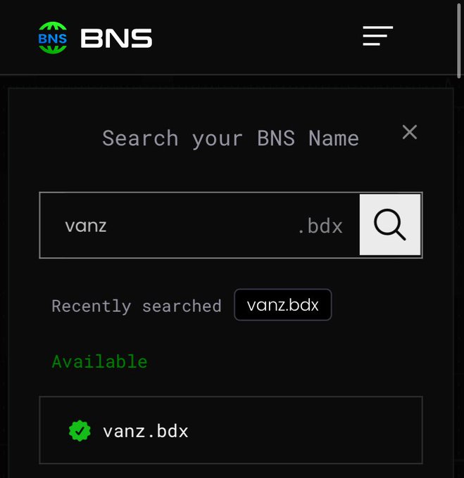 The image shows a BNS (Beldex Name Service) search interface displaying "vanz.bdx" as an available domain name, with a green checkmark indicating it's ready for registration. This visually supports the post's claim about using "vanz.bdx" as a unified private identifier for BChat, BelNet, and wallet purposes through Beldex's BNS feature.