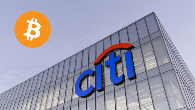 A photograph of a modern glass office building displaying a large blue 'citi' logo, with an overlaid orange Bitcoin (₿) symbol in the upper left corner against a blue sky.