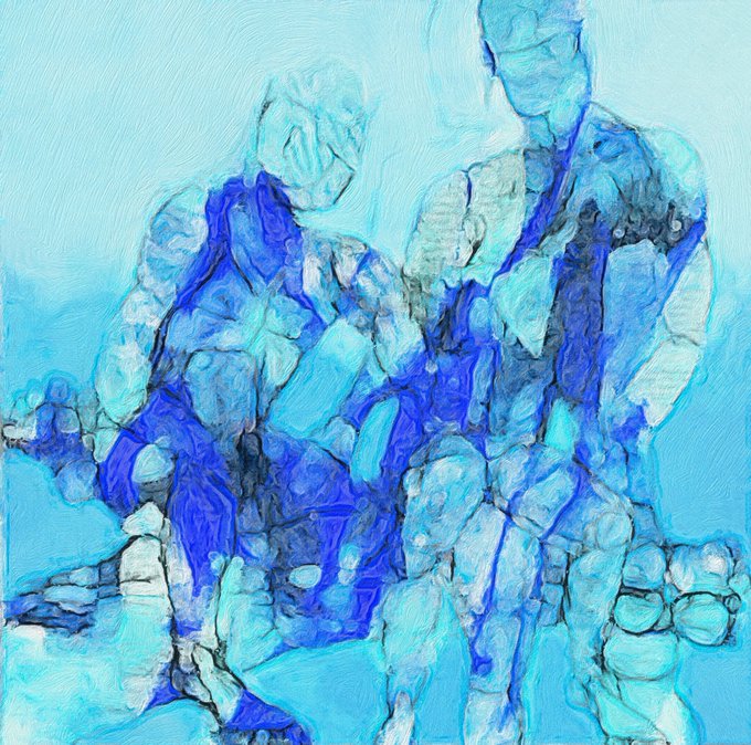 A digitally stylized painting in blue tones depicts two heavily armored, faceless figures rendered in a cubist, mosaic-like style against a light blue background.