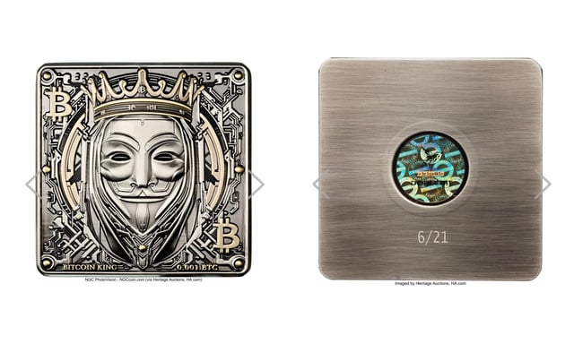 The image features two coins - one square and one rectangular - with a person's face on them. The square coin has a crown design around its mouth, while the rectangular coin has a face design. Both coins are made of metal and have a shiny appearance. They appear to be related to Bitcoin or cryptocurrency in some way, as suggested by the post.