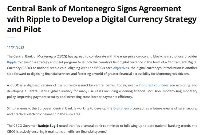 The image is a news article dated 11/04/2023 announcing that the Central Bank of Montenegro (CBCG) signed an agreement with Ripple to develop a Central Bank Digital Currency (CBDC) or national stablecoin strategy and pilot program. It highlights Governor Radoje Žugić's remarks on modernizing the country's financial system, aligning with the post's emphasis on Ripple's 2023 partnership with Montenegro's central bank.