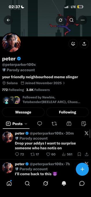 A screenshot of an X (Twitter) profile for 'peter' (@peterparker100x) with the bio 'your friendly neighbourhood meme slinger', showing 3.8K followers and recent posts.