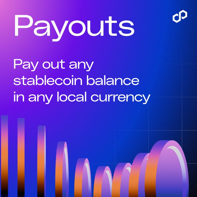 A vibrant purple and orange gradient promotional graphic featuring the headline "Payouts" with the subheading "Pay out any stablecoin balance in any local currency," alongside the Polygon Labs logo. The 3D coin stack imagery visually reinforces the post's message about using a single stablecoin balance to facilitate cross-border payouts in local currencies without needing multiple vendors.