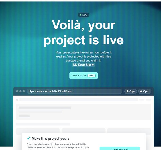 Screenshot of a Netlify deployment confirmation page with text 'Voilà, your project is live' and the project URL 'https://ornate-croissant-d7e43f.netlify.app', including a 'Claim this site' prompt.