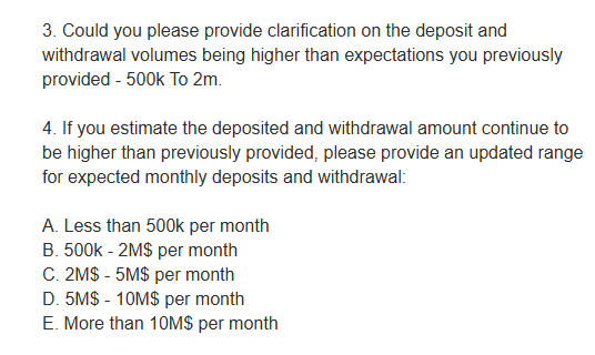 A text excerpt of a multiple-choice survey question asking about updated ranges for expected monthly deposits and withdrawals, with options ranging from A to E.