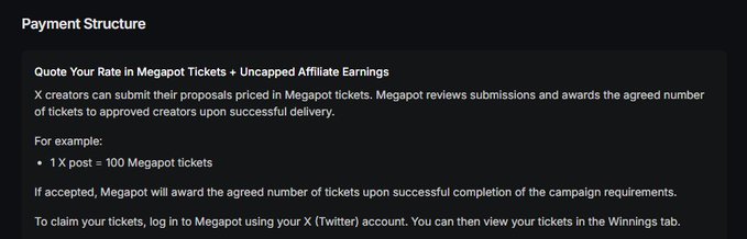 A Megapop "Payment Structure" section explaining that creators will be paid in Megapop tickets rather than traditional currency, with an example rate of 1X post = 100 Megapop tickets, reinforcing the post's complaint about being compensated with lottery-style entries instead of real money.