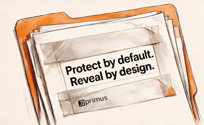 A sketch-style illustration of an orange file folder containing papers with the message 'Protect by default. Reveal by design.' and the 'primus' logo.