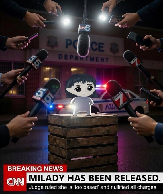 A breaking news graphic with CNN branding shows a cartoon figure surrounded by microphones outside a police department, with the headline 'MILADY HAS BEEN RELEASED' and a subhead stating 'Judge ruled she is too based and nullified all charges.'