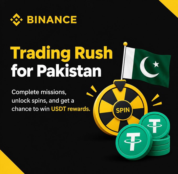 A promotional advertisement for Binance's 'Trading Rush for Pakistan' campaign, featuring a Pakistani flag on a spinning wheel and USDT token rewards.