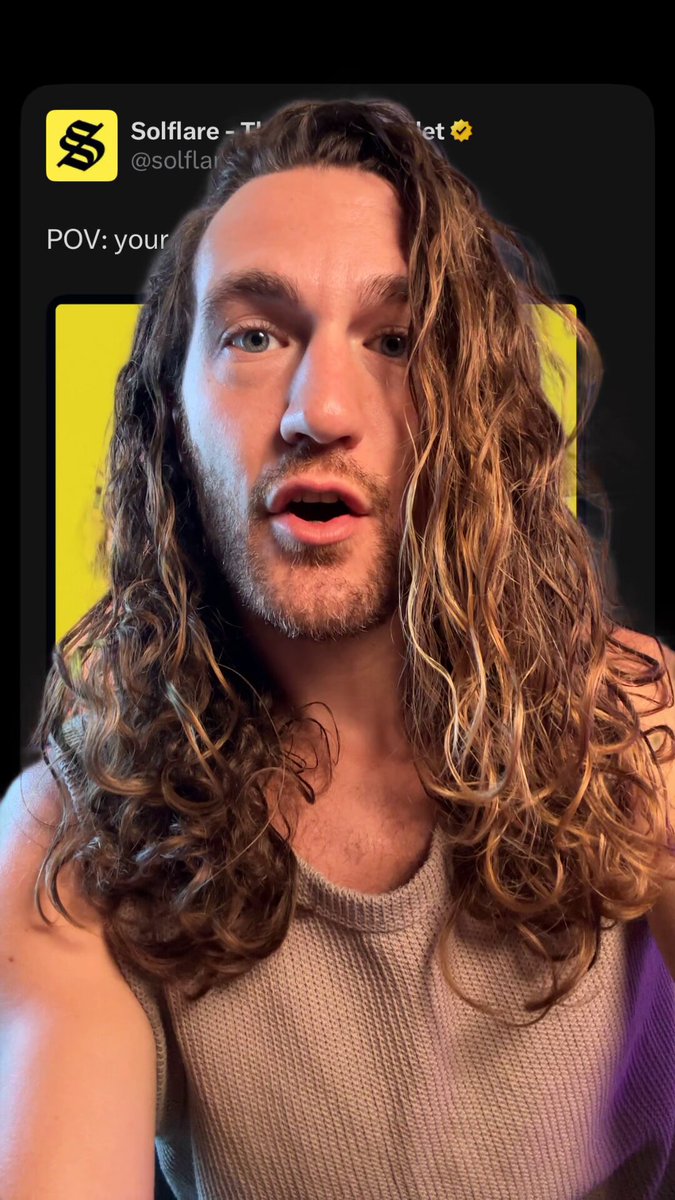 The image features a man with long hair wearing a gray shirt who appears to be making a funny or surprised face while looking at the camera. The caption of the image reads "Most crypto companies have bad branding & worse storytelling @solflare does not Here’s what one of crypto’s most iconic, rising brands gets right, & what you can learn from them (Seriously, steal this)" which is related to a post about crypto companies and their branding.