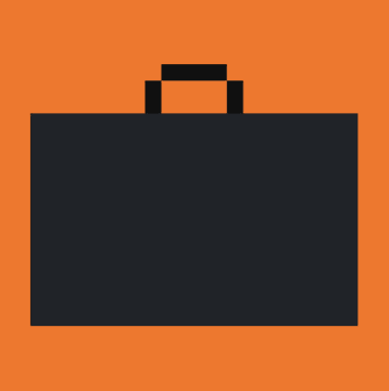 A simple black silhouette icon of a briefcase on a solid orange background.