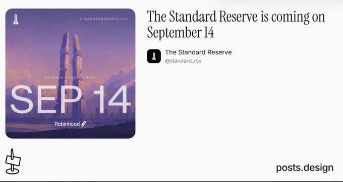 A promotional graphic announces 'The Standard Reserve is coming on September 14' alongside an illustration of a rocket launching against a purple sky with 'SEP 14' displayed.