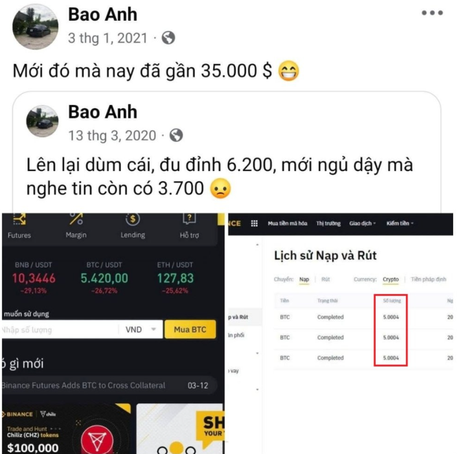 A screenshot of Vietnamese social media posts from user 'Bao Anh' discussing cryptocurrency investments, showing comments like 'Mới đó mà nay đã gần 35.000 $' alongside Binance trading interfaces displaying prices for BNB/USDT, BTC/USDT, and ETH/USDT, and a deposit/withdrawal history.