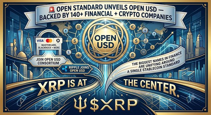 A promotional graphic for OPEN USD backed by 140+ financial and crypto companies, featuring the XRP logo and text stating 'XRP IS AT THE CENTER' with mentions of Visa, Mastercard, and Ripple joining the consortium.