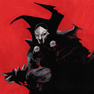 A dark, gothic illustration of a horned, skeletal figure against a vivid red background, holding skulls in a menacing pose.
