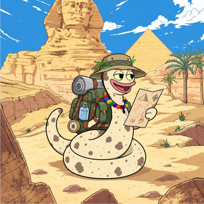 A cartoon illustration of a snake wearing a safari hat and backpack, holding a map, set against an Egyptian desert backdrop with the Sphinx and pyramids.