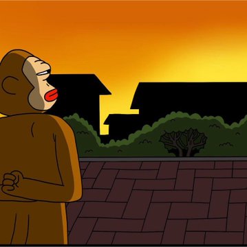 A cartoon monkey with its eyes closed standing on a rooftop with silhouetted houses against an orange sunset sky.