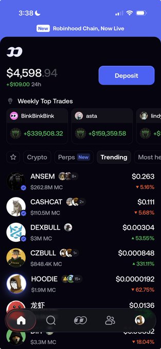 A Robinhood Chain mobile app screenshot showing a portfolio value of $4,598.94, up $108.00 in 24h, with trending meme coins including ANSEM, CASHCAT, DEXBULL, CZBULL, HOODIE, and 龙虾.