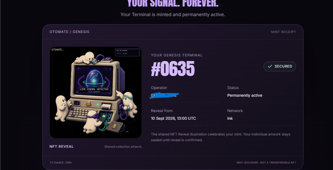 A webpage screenshot for an NFT mint receipt titled 'YOUR SIGNAL. FOREVER.' showing a Genesis Terminal #0635 from 'OTOMATE / GENESIS' with a retro computer illustration and ghost characters.