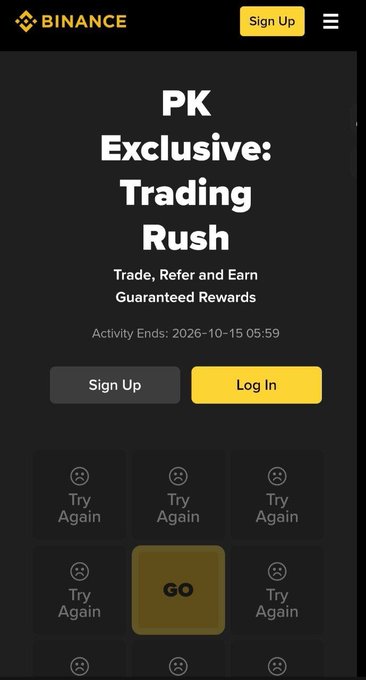 A mobile screenshot of a Binance 'PK Exclusive: Trading Rush' promotional page offering trade, refer and earn rewards, ending 2026-10-15, featuring a grid of 'Try Again' and 'GO' buttons.