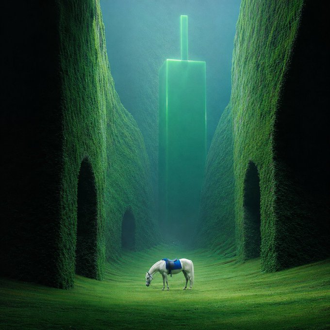 A white horse with a blue saddle grazes peacefully in a surreal green valley flanked by towering hedge walls, while a glowing translucent skyscraper rises in the misty background. The dreamlike, otherworldly scene evokes the imaginative and adventure-filled spirit of the MintBears ecosystem highlighted in the $MNTD post, suggesting a fantastical realm where gaming, rewards, and staking come to life.
